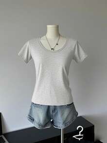 美国短袖圆领修身女式T恤，春夏新品，白色休闲款 - 灰色 - 查看 2