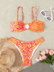 New Printed Lace Up Bikini Split Swimsuit For Beach Vacation