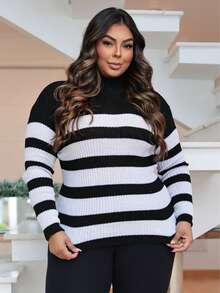 Plus Size Knit Tops - 黑與白 - 查看 4