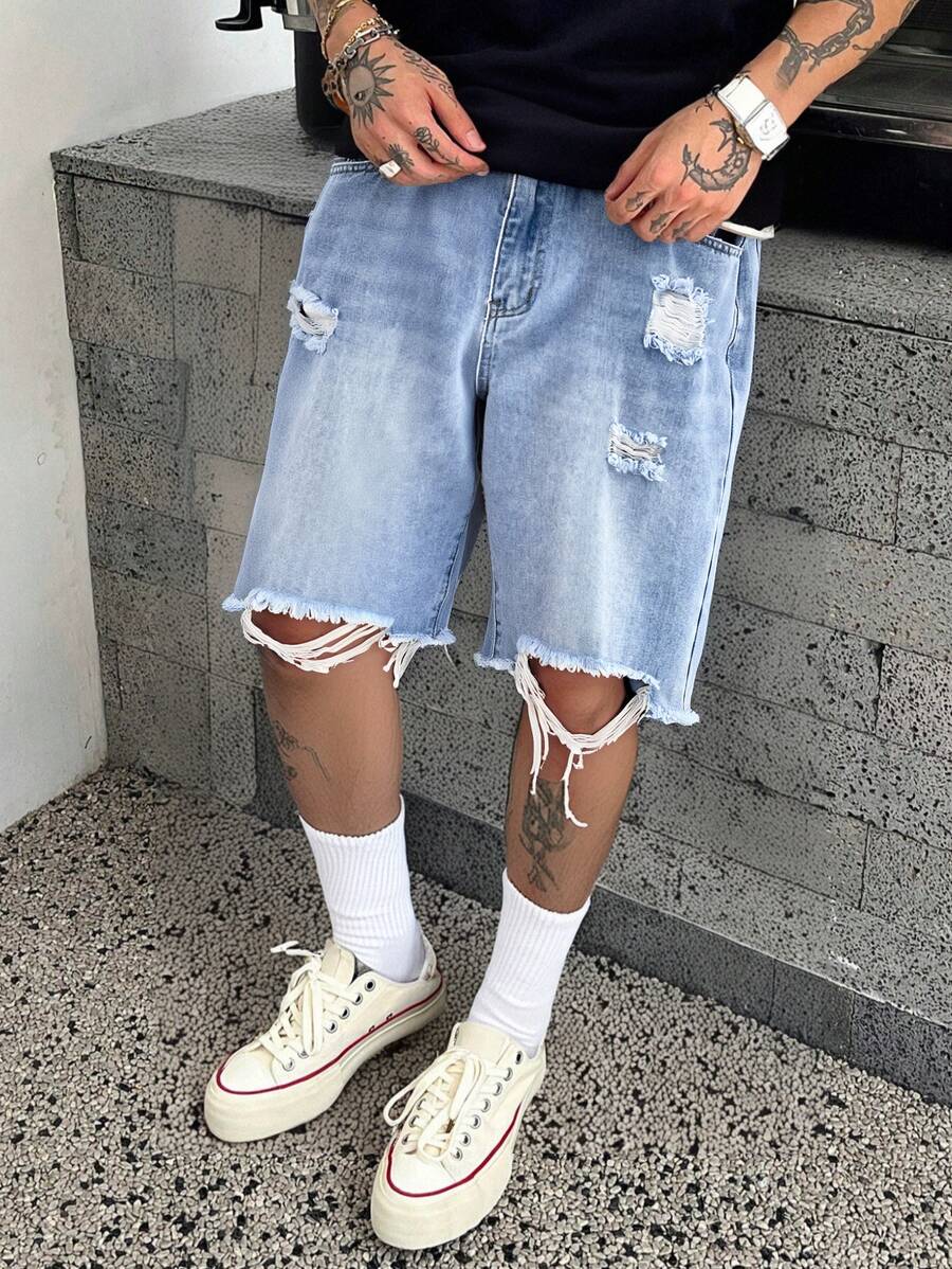 Men's Summer Light Wash Distressed Denim Shorts, US Street Fashion Casual Loose Fit Bermuda Jeans Shorts, Suitable As Gift For Boyfriend Or Husband - Blue - View 1