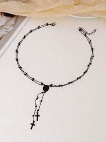 1pc Cross & Jesus Charm Y-Shaped Black Beaded Necklace, Suitable For Women Faith, Prayer, Party, Daily Wear (Random Bead Quantity)