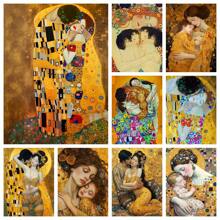 Set di ricamo di diamanti 5D a tema del bacio dorato di Gustav Klimt, artigianato fai-da-te per decorazione domestica, regalo, stile anime, ricamo a mosaico a tutto tondo con punto croce