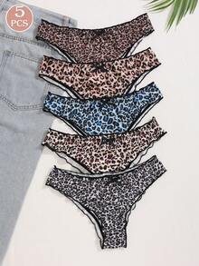 5条装女式多色荷叶边弹力豹纹蝴蝶结装饰内裤