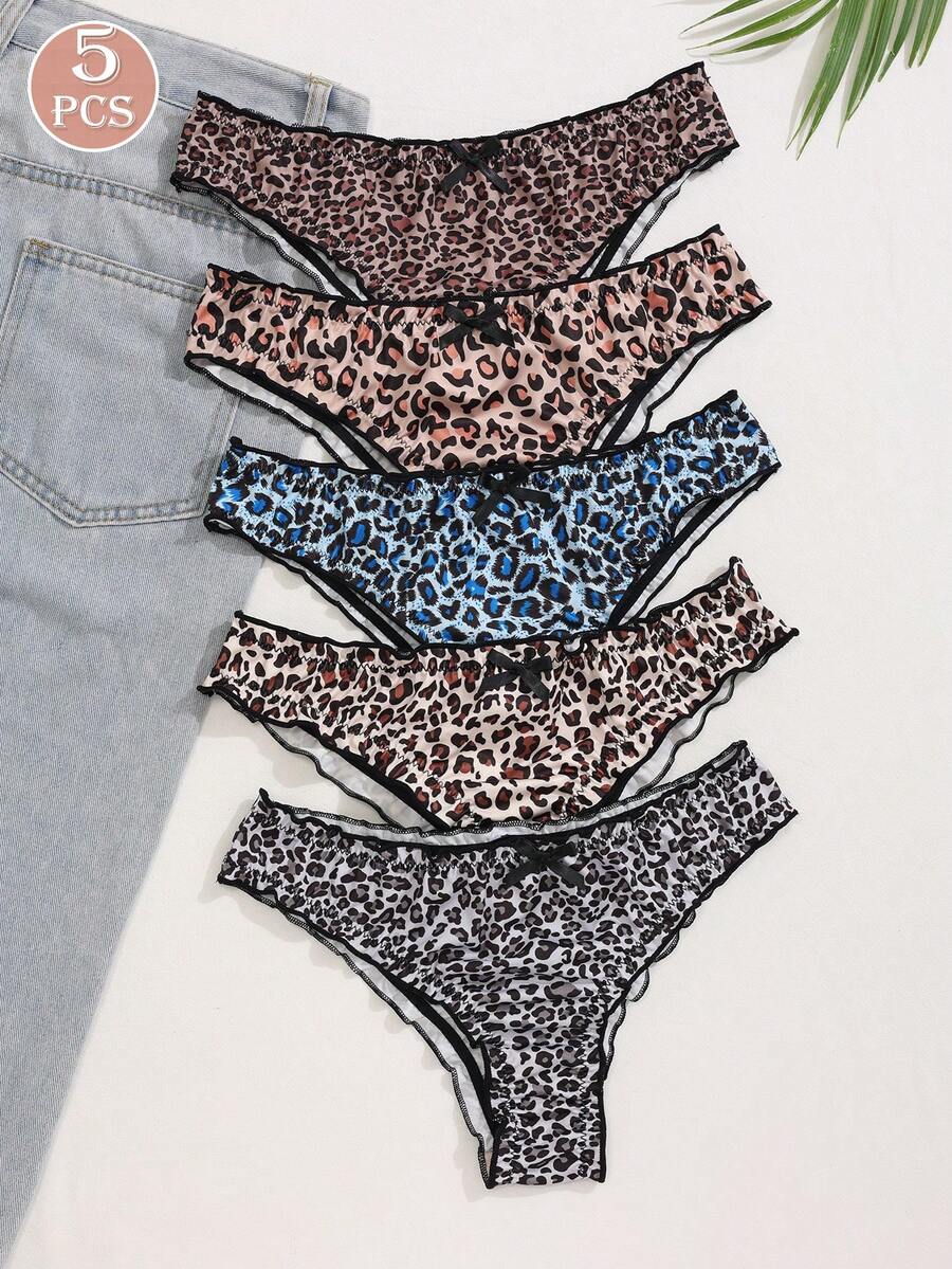 5条装女式多色荷叶边弹力豹纹蝴蝶结装饰内裤