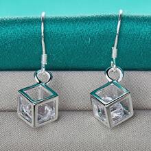 925 Sterling Silver Plated Hollow Cube Crystal Earrings Eardrop For Women Charm Wedding Engagement Fashion Jewelry