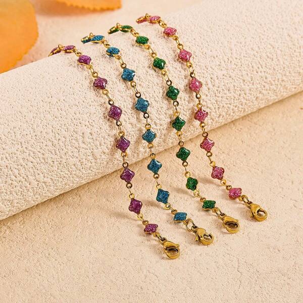 1pc Elegant Cute Girl's Style Four-Leaf Clover Stainless Steel Drip Oil Chain Bracelet, Suitable For Daily Wear