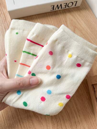 3 双彩色圆点多巴胺设计中筒袜，甜美可爱女孩新奇袜子，秋季