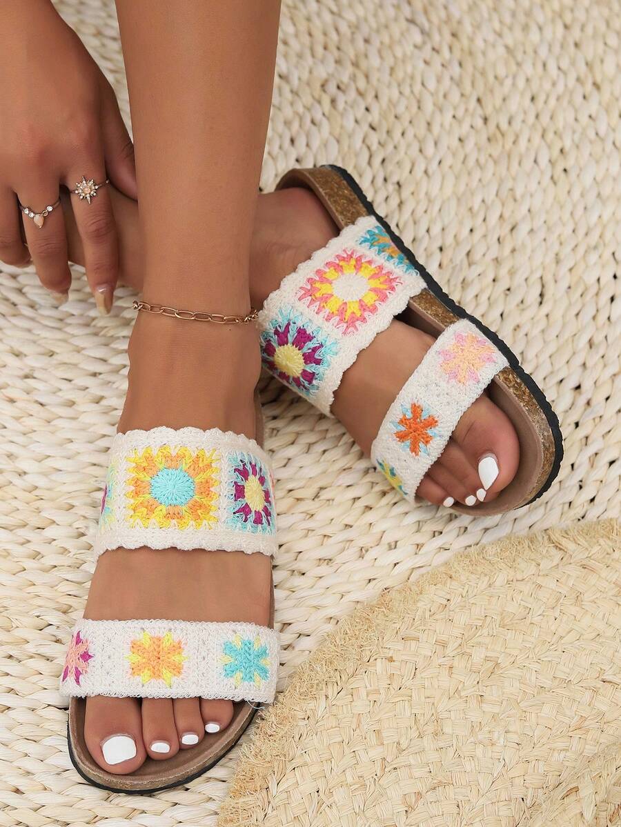 2025 New Colorful Floral Crochet Embroidery Handmade Accessories, Boho Farmhouse Decor Slippers, Travel Beach Sandals, Holiday - Beige - View 1