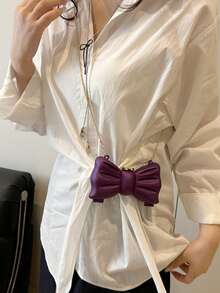 Mini Fashionable Bowknot Metal Mirror Earphone Case, Unique Design Versatile Handbag, Shoulder Bag With Chain, For Women - 中紫紅色 - 查看 4