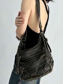 Ladies' Fashionable Retro Rivet Shoulder Bag Y2K Large Capacity Multifunctional Bag Street Style, City Charter Car Bag Crossbody Bag, Antique Bronze Color