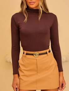 Cacharrel Turtleneck Long Sleeve Second Skin Blouse - Rust Brown - View 2