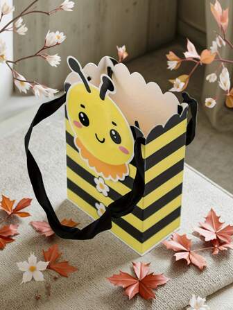 Set de 5 bolsas de regalo con asa de estilo creativo de dibujos animados en forma de abeja, de diseño a rayas amarillas y negras, bolsa de papel resistente para empaquetar regalos, decoración de fiesta de abeja, adecuada para regalos de fiestas, cumpleaños, bodas, etc.