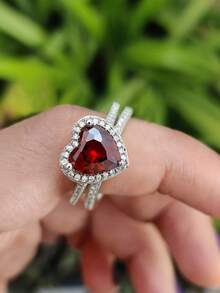 1 套 925 纯银双心锆石戒指适合女性搭配日常服装派对配饰女士高品质戒指精美珠宝礼物