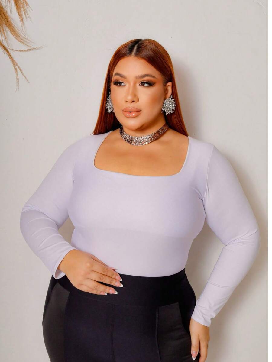 Body Plus Size Manga Longa Quadrado  Simples  elegante  Festa  Casual    Malhado