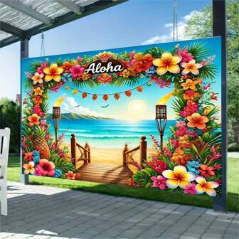 1 stuk Hawaiiaanse vakantieachtergronddoek, polyestermateriaal, met zee-, bloemen-, strand- en trapmotief, geschikt voor feestdagen, woonkamers, slaapkamers, binnenplaatsdecoraties, foto-accessoires, geen elektriciteit vereist
