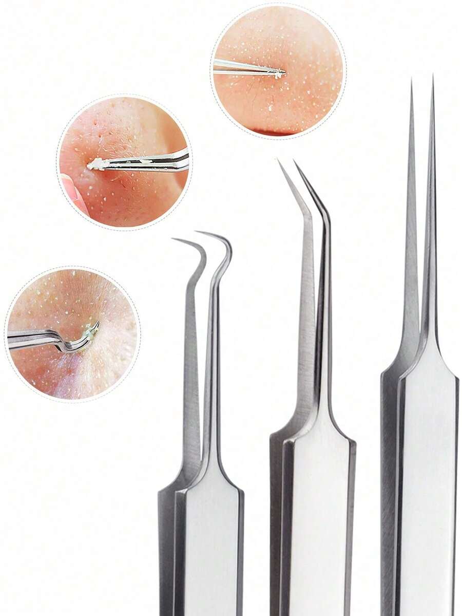 1/3/5pcs Stainless Steel Blackhead Removal Tool Set, Acne Needle Blackhead Clip, Facial Cleaning Tool Set, Nose Cleaning Tool,Stainless Steel Blackhead Tweezer Set Pimple Tweezers Extractor Tool For Remove Blackhead - Multicolor - View 1