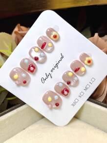 10PCS Pink Press On Nails Cat Eye Short Oval Flower Doudou Nails, Summer Nails, Handmade Press On Nails,Short Nails Home DIY Nail Design Full Coverage Fake Nail Tips Artificial Fingernails For Women And Girls Manicure Supplies Office Daily Wear False Nails, Purely Hand-Wear Nails