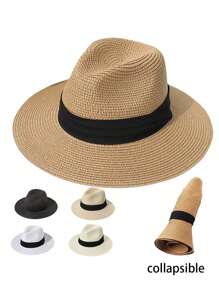 Nouveau chapeau de paille de Panama à large bord pliable, chapeau de soleil en polyester décontracté, respirant avec protection contre le vent et les UV, convient pour le printemps et l'été