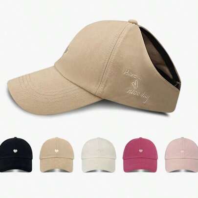 Heart Embroidery High Ponytail Half-Brimmed Baseball Cap For Women, Versatile Sun Visor Hat For Summer