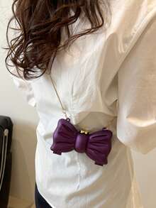Mini Fashionable Bowknot Metal Mirror Earphone Case, Unique Design Versatile Handbag, Shoulder Bag With Chain, For Women - 中紫紅色 - 查看 5