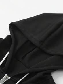 Men's Black Casual Short Sleeve Hoodie, With White Zipper And Drawstring Design, Suitable For Sporty Men's Daily Wear, Fashionable Leisure Tops, Fit For Play And Exercise