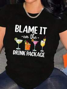 Camiseta informal de algodón negro de 180 g con cuello redondo y manga corta con estampado gráfico para mujer - Diseño "Blame It On the Drink Package" con coloridas copas de cóctel - Camiseta perfecta para fiesta de verano, top divertido y llamativo para mujer - Negro - Ver 1