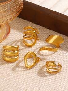 5pcs Set Stainless Steel 18K Gold Plated Exaggerated Thick Line Open Rings, Suitable For Women's Daily Wear - Multicolor - View 6