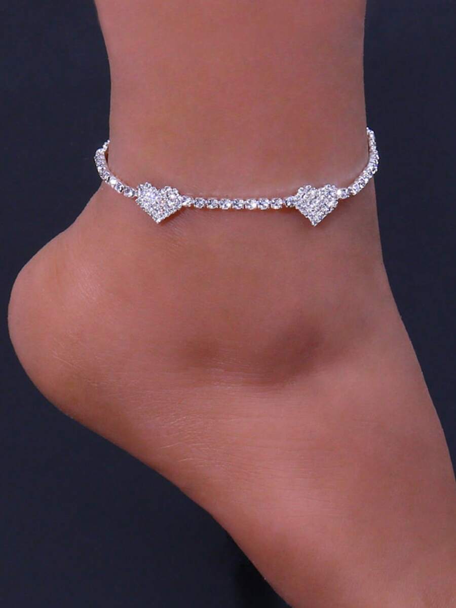 1pc Double Heart Crystal Anklet, Sparkling Foot Jewelry Accessory - Silver - View 1