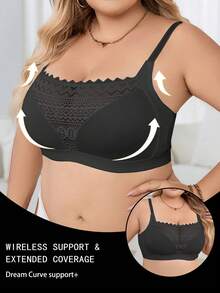 Soutien-gorge sans fil en dentelle patchwork, grande taille. Lingerie confortable - Noir - Voir 3