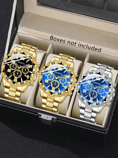 مجموعة ساعة رجالية كوارتز ثلاثية العيون مزينة بخلطة سلسلة معدنية، عصرية وبسيطة، مناسبة للاستخدام اليومي أو كهدية للمناسبات