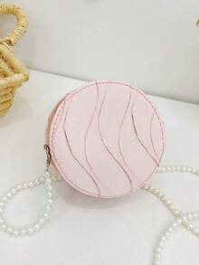 Round Mini Bag, Minimalist Girls Shoulder Bag With Faux Pearl Chain, Versatile - Pink - View 1