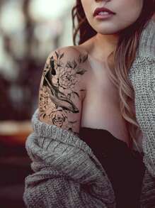 4 fogli di tatuaggi temporanei neri con disegni di uccelli, delfini, leoni e fiori, ideali per decorazione del corpo, trucco pazzo, campeggio, palestra, uso quotidiano su braccia, gambe, schiena, petto per uomini e donne