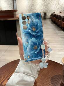 奶油纹理波浪边亮面油蓝色花卉彩绘防摔手机壳 + 手工串珠花手链配件 兼容 16/11/16pro/16plus/16promax/16e/15Promax/13/14/12/XS/XR/7G/8P 和 Galaxy 11/12Pro/12/12X/13Pro/14Pro/15Pro/、Redmi 10/9/Note9/12c/Note11pro/Note8Pro 保护手机壳