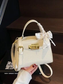 高级奢华鳄鱼纹压花女士手提包，时尚精致的金属装饰，可调节肩带斜挎包，简约风格肩带装饰单肩手提包，磁扣闭合，多功能轻便收纳斜挎包，高级丝巾装饰设计手提包，适合送礼、购物、约会、商务旅行、度假等多种场合。 - 白色 - 查看 7