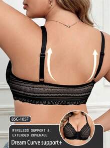 Plus Size Women Front Closure Lace Patchwork Bra, Soft & Comfortable Underwear With Wire