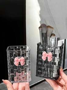 1pc Clear Acrylic Desk Organizer With Bow Accent - PMMA Pen Holder And Storage Basket For Office Supplies, Pens, And Accessories