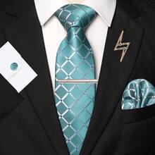 1pc/2pcs/3pcs/4pcs/5pcs Men's Water Duck Blue Plaid Silk Necktie, Patterned Satin Silk Tie, Pocket Square, Cufflinks, Silver Tie Clip And Hexagram, Airplane, Music Note, Lightning Brooch Combo Sets, Great Gift For Men, Suitable For Wedding, Business, Formal, Date, Banquet, Wedding Photo, Graduation Season And More Occasions - Teal Blue - View 4