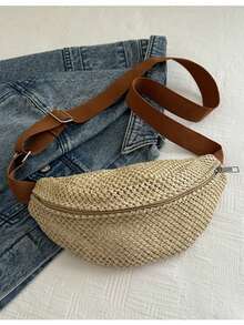 时尚编织女士手提包，镂空斜挎包，百搭女士编织腰包，适合海滩、运动和度假的休闲胸包，可容纳智能手机