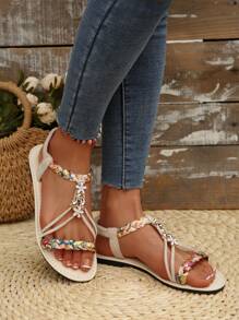 Women's Fashion Roman Style Sandals - Floral Button Design, White Base With Colorful Petal Pattern, Round Toe Flat Heel, Suitable For Summer Casual Wear, Comfortable | Decorative Sandals | Rubber Sole Flip-Flops, With Elastic Strap