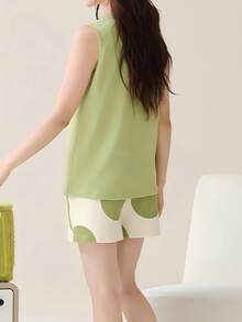 AICJ 2 件女士休闲水果和文字印花无袖上衣和短裤睡衣套装，柔软舒适的家居服，春夏季 - 薄荷綠 - 查看 2