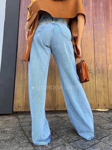 SJD MODA LADY Mom Jeans Wide Leg Simple Casual Pants - 中等水洗藍 - 查看 2