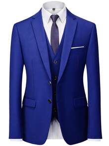 Completo da uomo slim fit di colore tinta unita, composto da 3 pezzi, giacca, gilet e pantaloni, adatto per il lavoro, occasioni formali o serali - Blu reale - Visualizzare 2