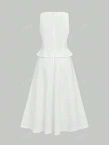 Elegant Linen Like Vintage Coin Long Midi Dress With Inset Waist, Relaxed Collar, Everyday Office Casual