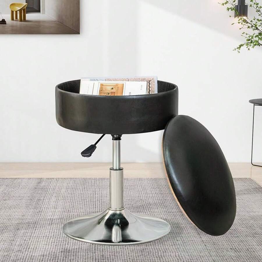 Pink Vanity Stool Makeup Room, Round Storage Ottoman Height Adjustable Velvet Vanity Chair, 360 °   Swivel Footrest Living Room Bedroom-Cll - Black - View 1