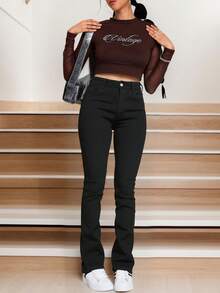 Jeans de campana de cintura alta en azul, tela suave y elástica, ideal para estilos casuales y versátiles - Negro - Ver 2