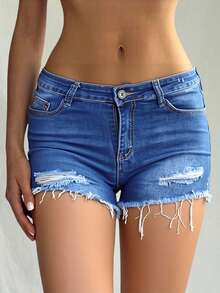 Shorts para mujer en azul denim, con desgaste y rebordes deshilachados, ideal para estilos casuales y trendy - Azul lavado medio - Ver 3