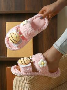 Cute Cartoon Bee Plush Slip-On Slippers, Women Indoor Open Toe Flat House Slides, Lightweight & Comfortable Home Slippers