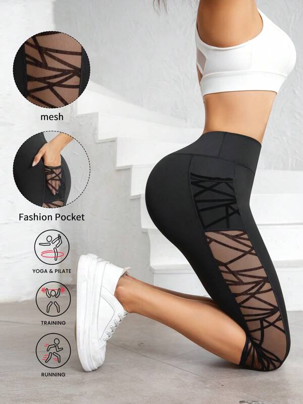 Mujeres Leggings deportivos de cintura alta con costuras de malla negra, pantalones de forma, yoga, fitness y ocio, ropa deportiva