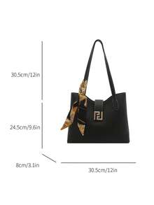 1pc PU Shoulder Tote Bag With Scarf Decor, Large Capacity, Lightweight And Versatile, Suitable For Commuting,Business Professional Women - Black - View 7