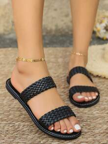 New Flat Sandals - Minimalist & Fashion Double Braided Strap Design, Flat Heel Casual Sandals, Vacation Style Spring/Summer Everyday Outfit, Classic Black, Pure White, Warm Brown - Black - View 4